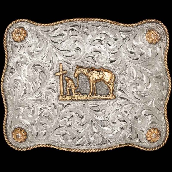 Embrace your cowgirl spirit with the Cuero Belt Buckle. Crafted on a beautiful hand-engraved german silver base and detailed jeweler's bronze rope edge, flowers and figure. 